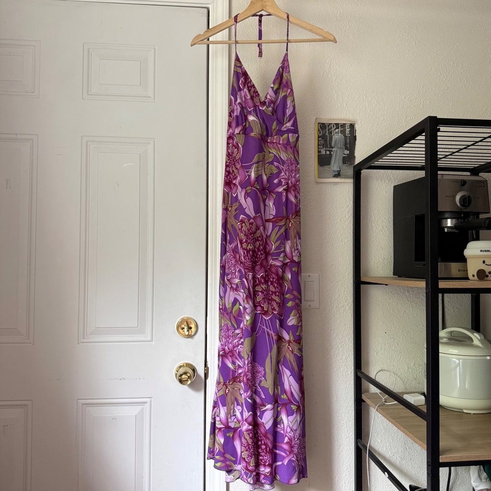 RAINBOW JO vintage purple floral rayon tropical Hawaiian halter neck midi dress